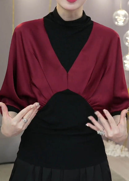 Mulberry Hign Neck Wrinkled Patchwork Silk Shirt Tops Fall