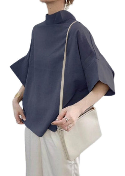 Navy Stand Collar Cotton Shirt Batwing Sleeve