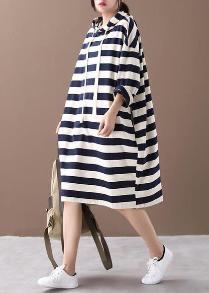 Hooded Striped Cotton Sweatshirt Street Wear Dress Spring