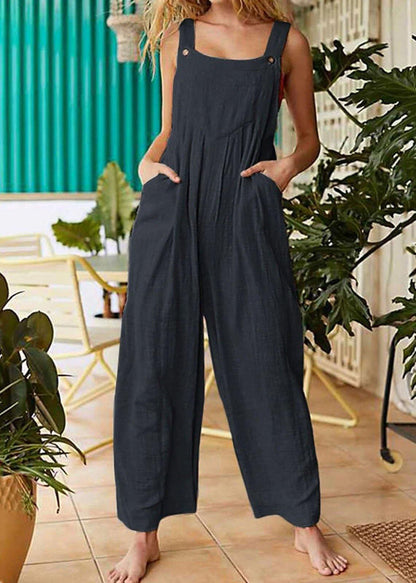 Color Button Sleeveless Overalls Side Pocket Jumpsuit for