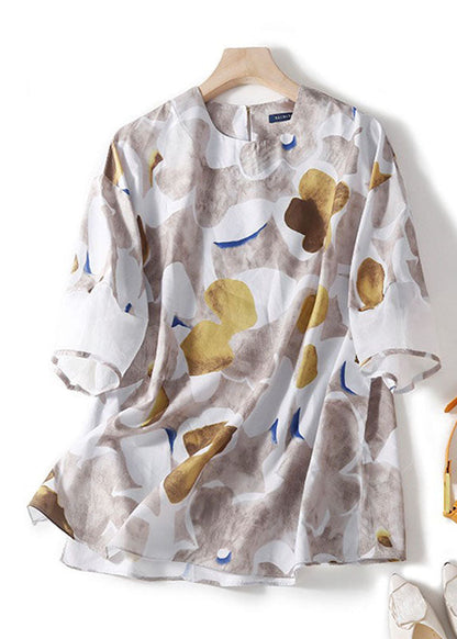 Khaki O-neck Patchwork Side Open Print Linen Blouses Half Sleeve