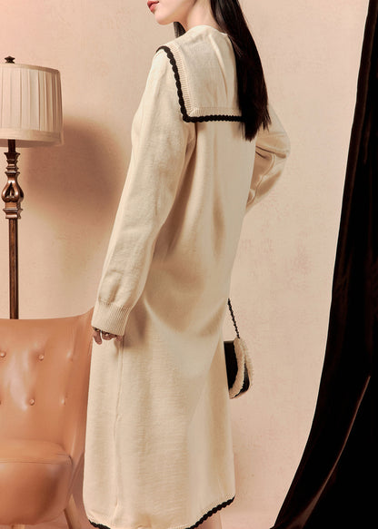 Beige Sailor Collar Button Knit Dress Winter