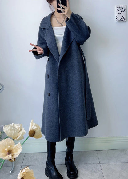 Dark Grey Stand Collar Tie Waist Woolen Coat Winter