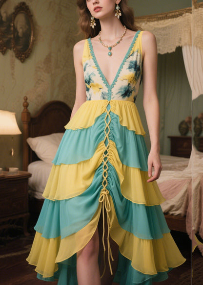 Patchwork Chiffon Vestidos Dresses V Neck Cross Strap Summer