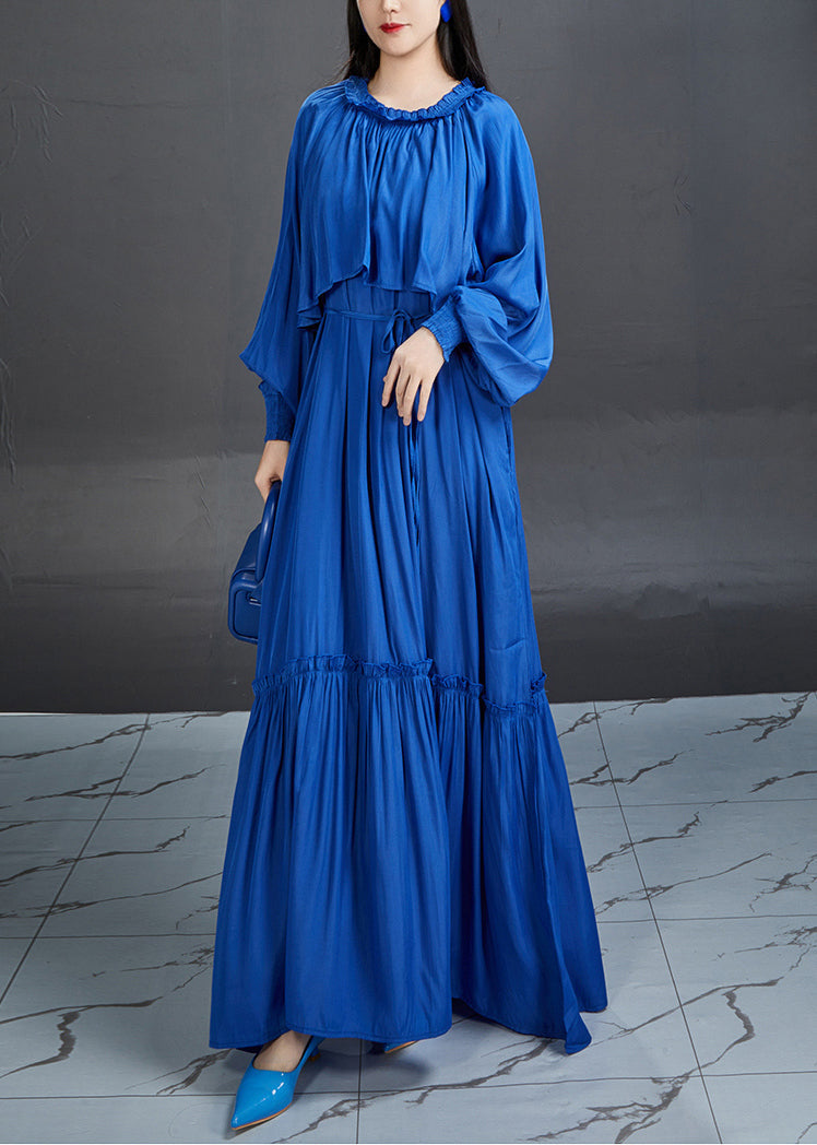 Blue Ruffled Tie Waist Cotton Maxi Dress Fall