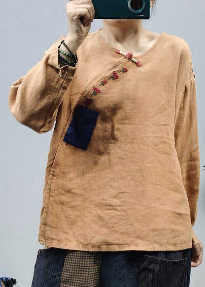 Khaki O-neck Embroideried Patchwork Linen Top Long Sleeve