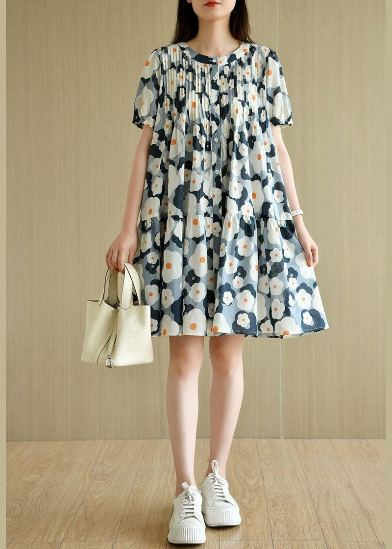 Loose Blue O-neck Button Print Summer Cotton Dresses Short Sleeve