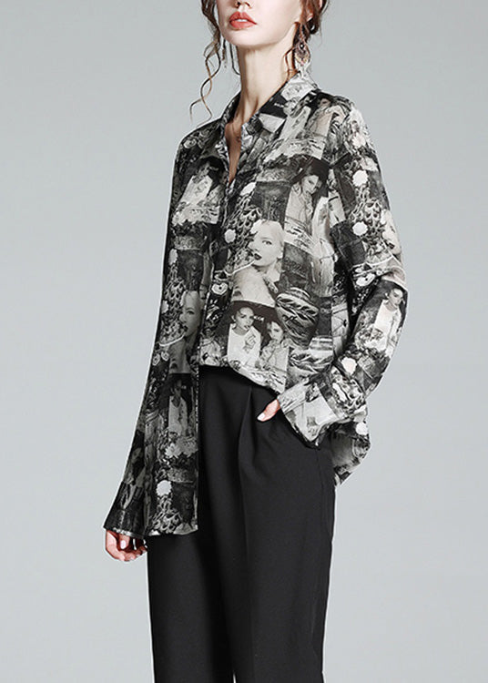 Black Peter Pan Collar Print Button Silk Shirt Long Sleeve