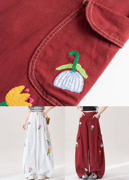 Stylish Red Pockets Denim Wide Leg Pants Fall