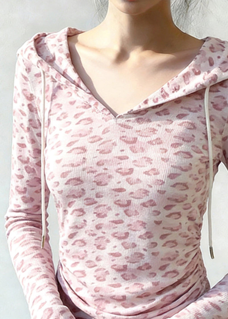 Pink Hooded Leopard Print Cotton Sweatshirt Tops Spring