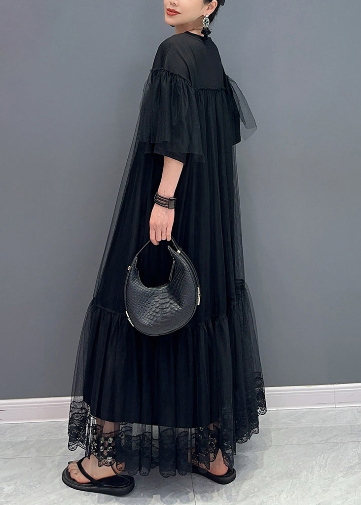 Black O Neck Wrinkled Patchwork Tulle Dress Summer