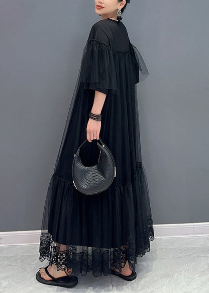 Black O Neck Wrinkled Patchwork Tulle Dress Summer