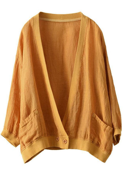 Yellow Patchwork Pockets Fall Button Long Sleeve Shirt Tops