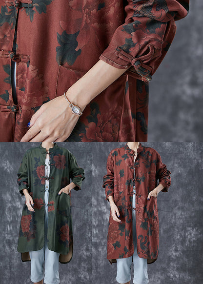 Dull Red Print Linen Chinese Style Shirt Dress Fall