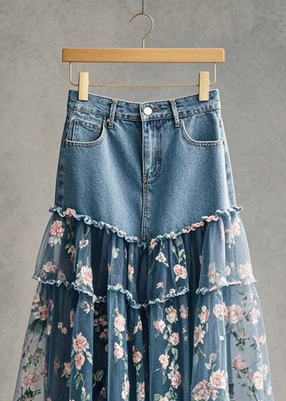 Pink Flower Print Patchwork Tulle Denim Skirt Fall