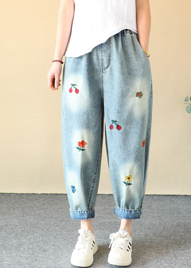 Blue Cherry Embroidered Elastic Waist Crop Harem Jeans Summer