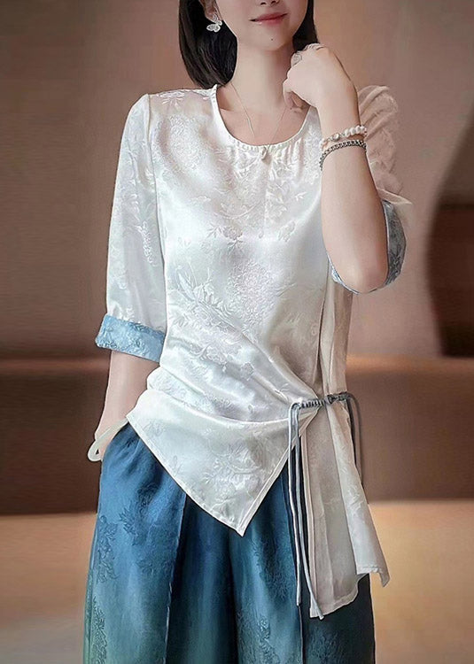 White O-neck Asymmetrical Print Patchwork Drawstring Shirt Bracelet Sleeve