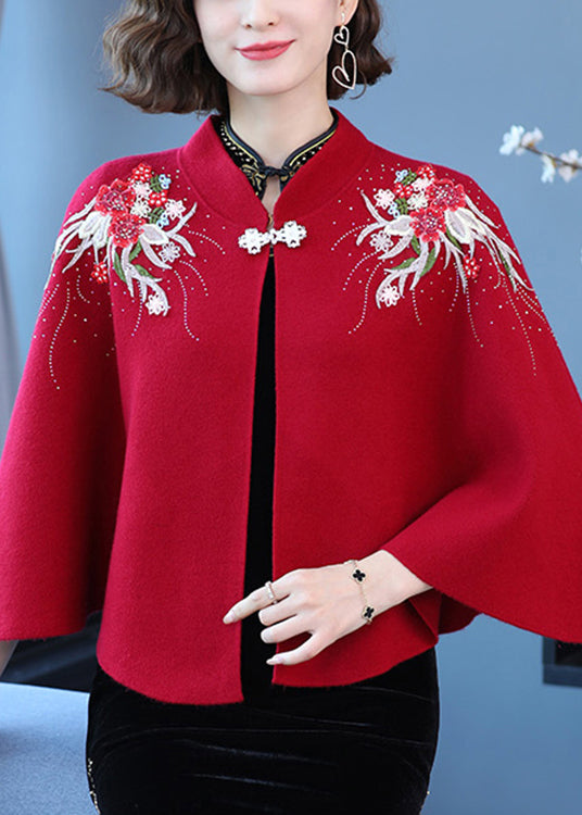 Wine Red Stand Collar Embroideried Patchwork Woolen Coats Fall