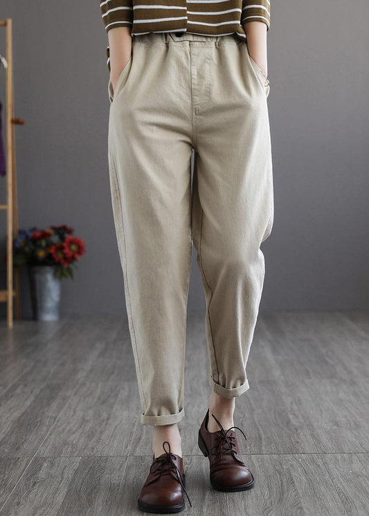 Beige Elastic Waist Pockets Cotton Pants Spring