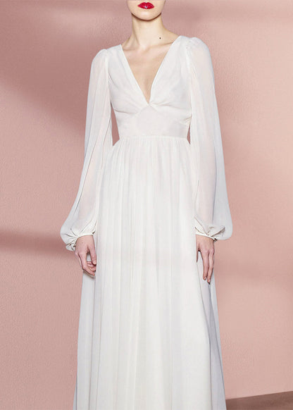 White V Neck High Waist Chiffon Holiday Dress Fall