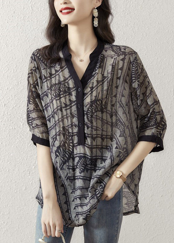Black V Neck Print Button Silk Top Half Sleeve