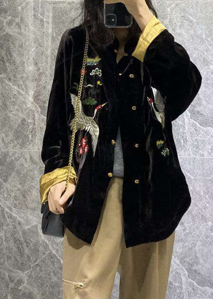 Black Mandarin Collar Print Velour Coats Long Sleeve