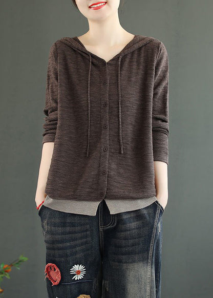 Coffee Hooded Button Patchwork Knitting Cotton Top Fall