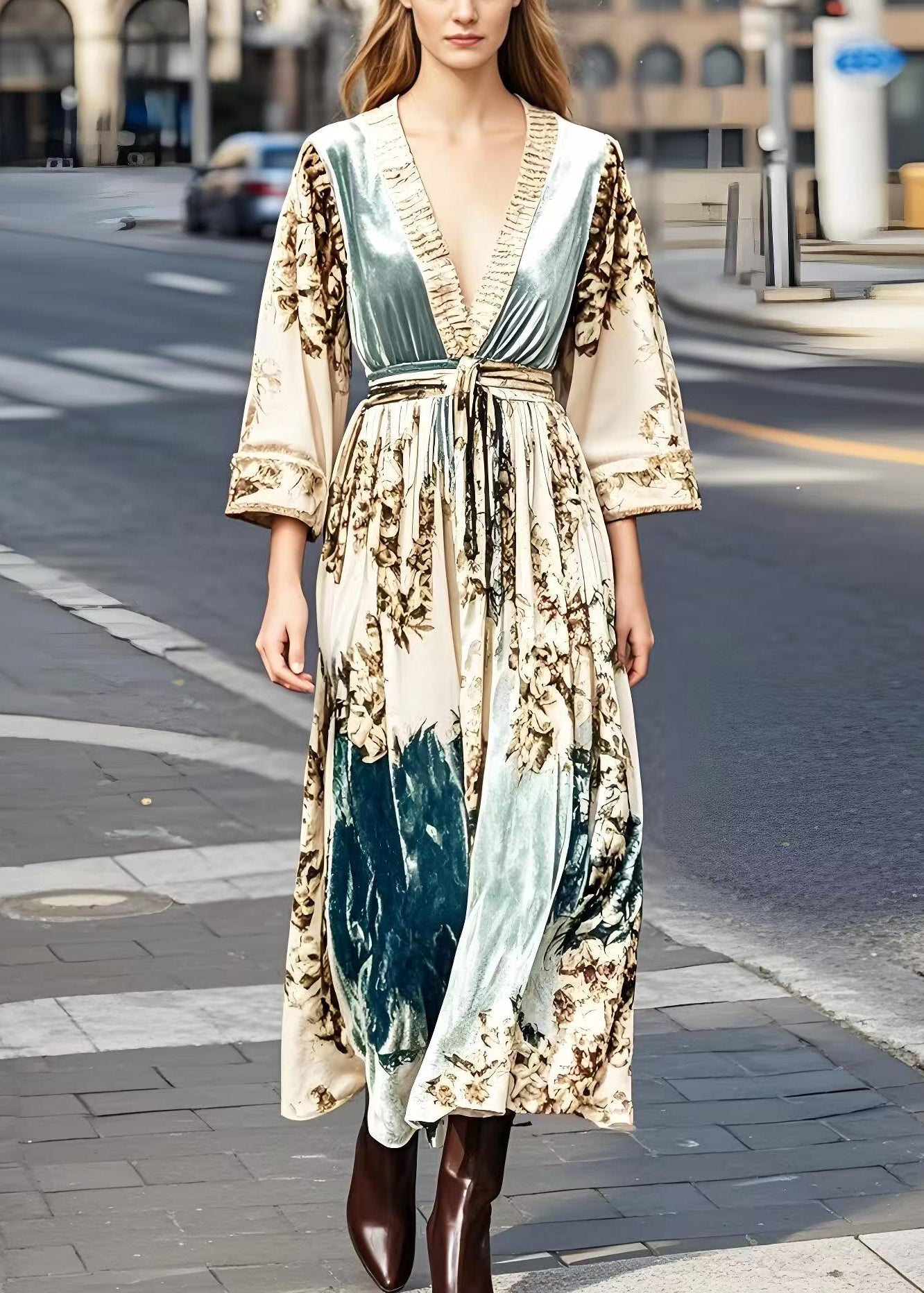 Apricot Print Exra Large Hem Silk Velour Vacation Dresses Spring