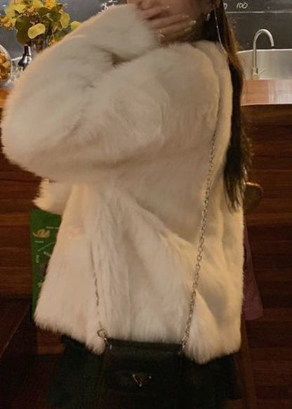 Diy White O-neck Button Thick Fluffy Coat Long Sleeve