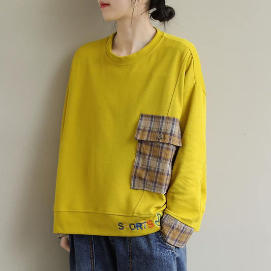 Unique Long Sleeve Cotton Embroidery Pockets Tunic Top Photography Yellow Blouse