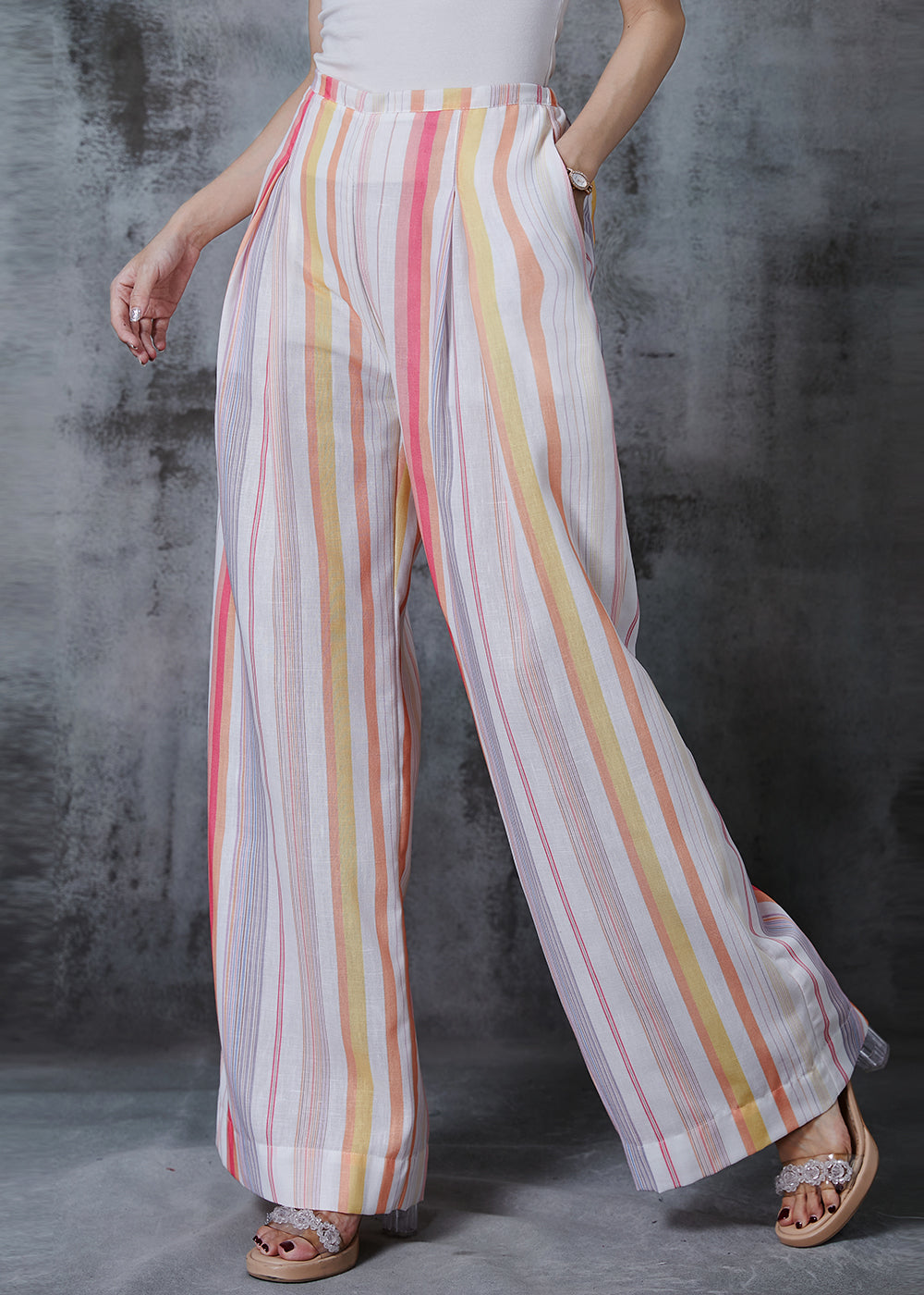 Rainbow Striped Cotton Wide Leg Pants Spring