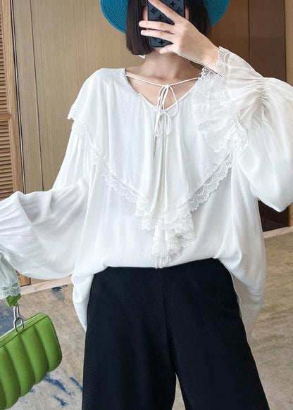 French White V Neck Patchwork Cotton Flare Sleeve Shirt Top Spring