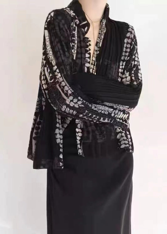 Black Wrinkled Patchwork Tulle Blouse Tops Fall