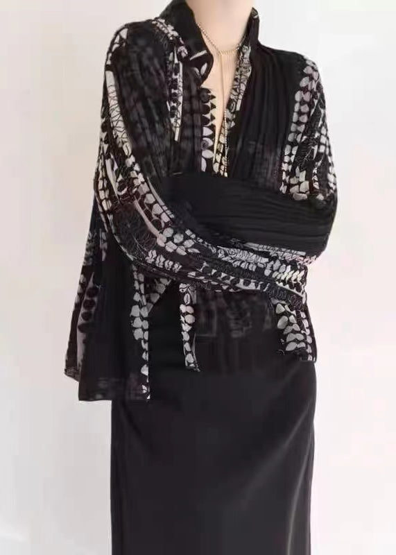 Black Wrinkled Patchwork Tulle Blouse Tops Fall