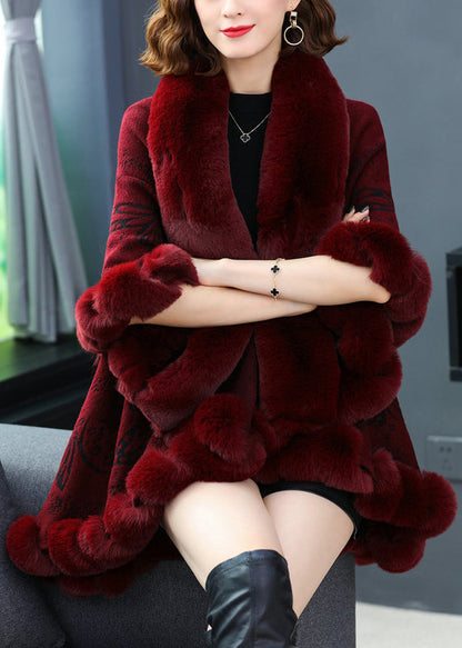 Wine Red Fur Collar Print Patchwork Woolen Coat Fall