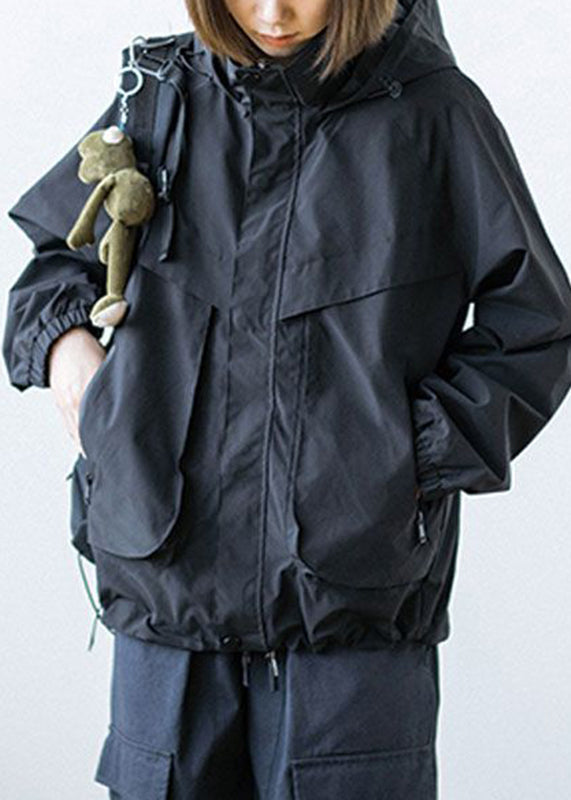 Black Patchwork Button Pockets Zippered Drawstring Hooded Coats Long Sleeve