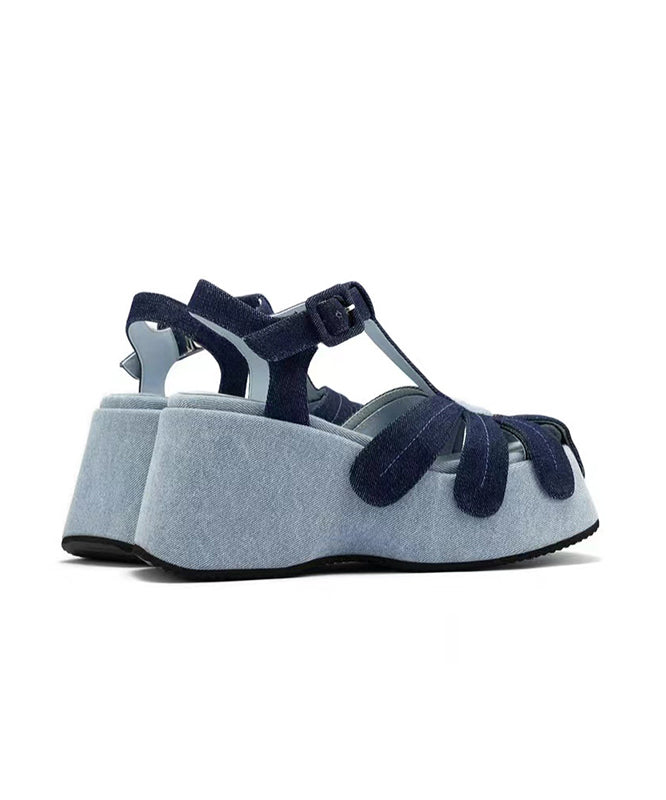 Blue Wedge Denim Fabric Splicing Hollow Out Sandals
