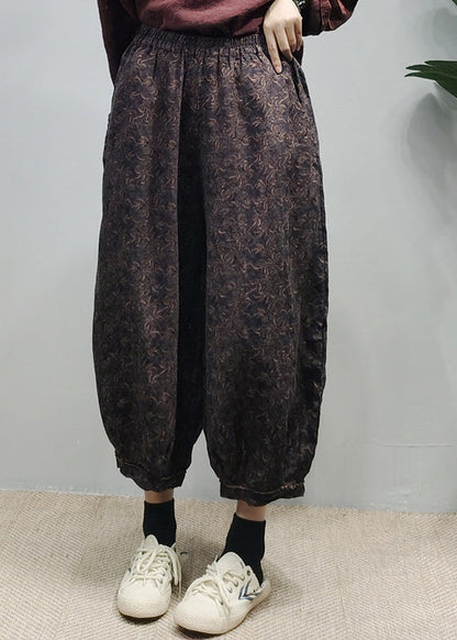 Handmade Red Elastic Waist Pocket Print Linen Lantern Pants Spring