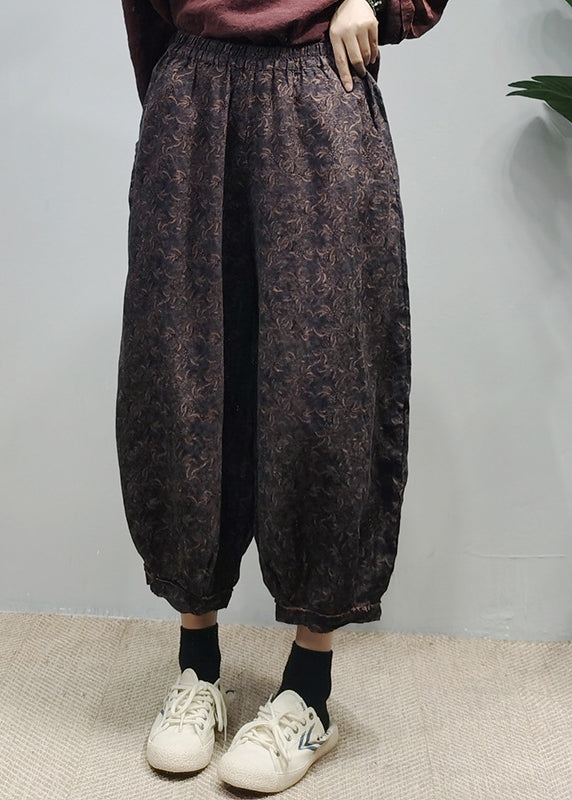 Handmade Red Elastic Waist Pocket Print Linen Lantern Pants Spring