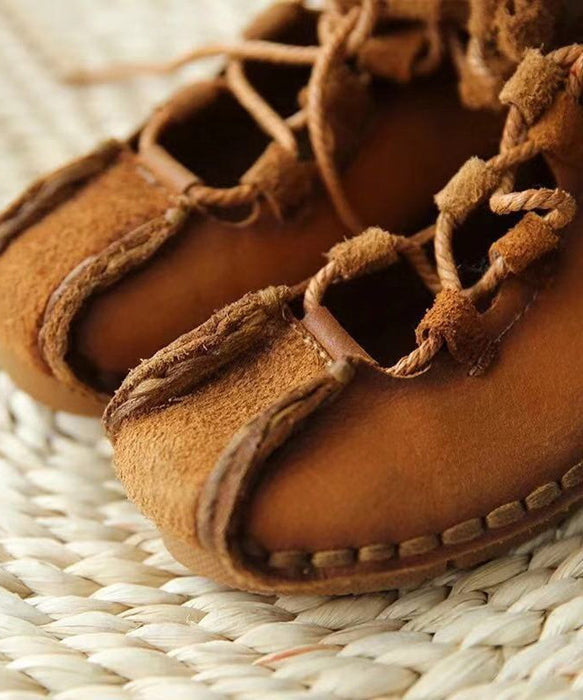 Lace Up Splicing Flat Shoes Khaki Cowhide Leather