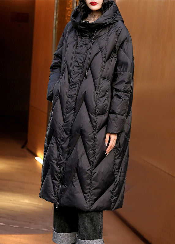 Black Zip Up Patchwork Hooded Duck Down Coats Winter