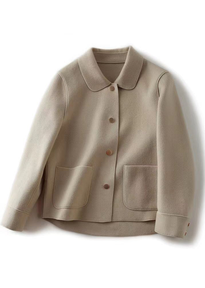 Beige Peter Pan Collar Pockets Woolen Coat Fall