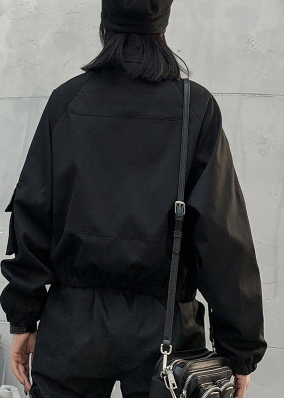 Black Stand Collar Pockets Button Jacket Long Sleeve