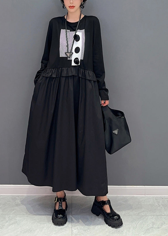 Diy Black Oversized Patchwork Ruffled Cotton Dress Spring