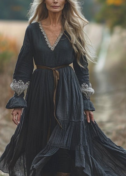 Black V Neck Lace Patchwork Cotton Dresses Spring