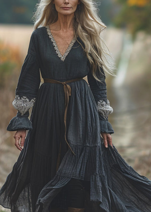 Black V Neck Lace Patchwork Cotton Dresses Spring