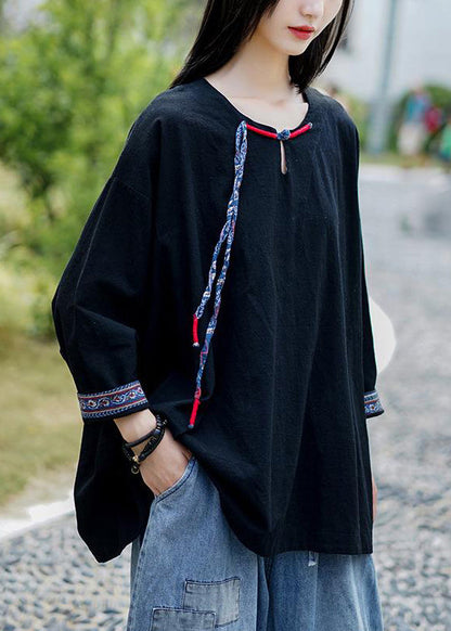 Loose Black Button Linen Tops Bracelet Sleeve