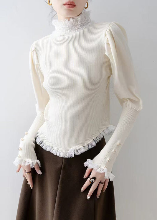 Italian White Silm Fit Patchwork Lace Knitted Tops Winter