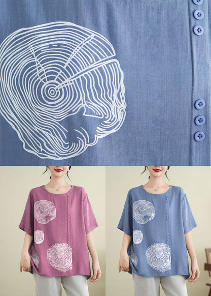 Blue O-neck Print Ice Silk T Shirt Summer