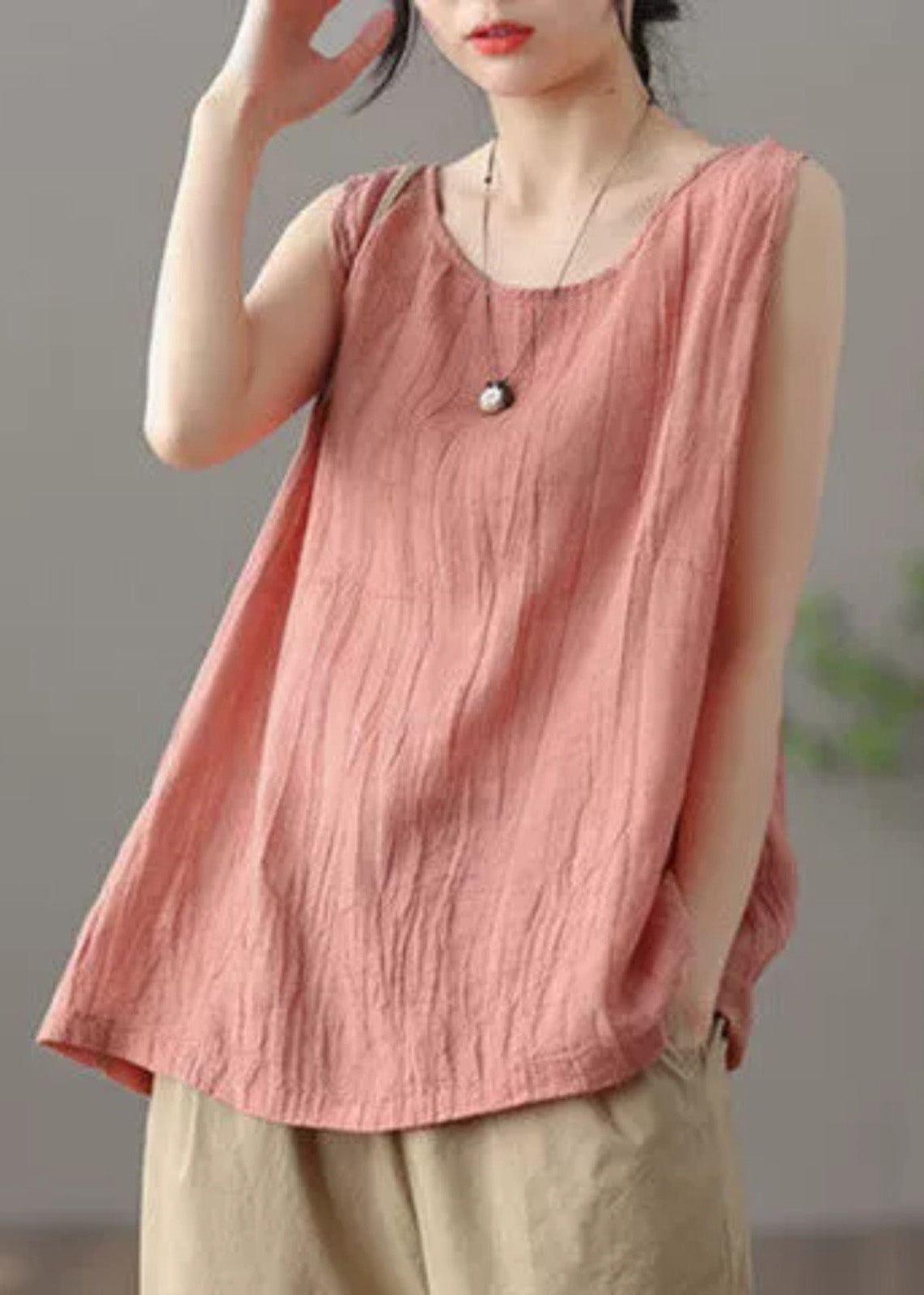 Versatile Green O Neck Linen Tanks Sleeveless